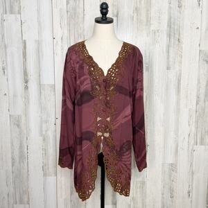 Papillon Embroidered Blouse Brown Tie Dye Button Front Boho Fairy Size M